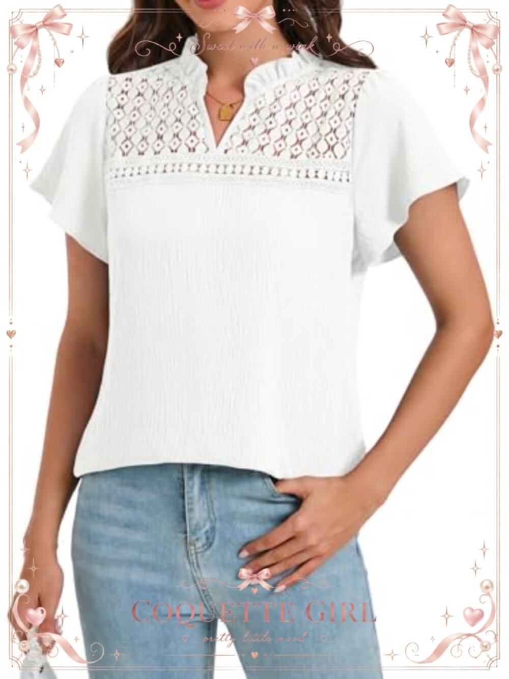 Womens Dressy Casual Ruffle Short Sleeve V Neck Eyelet Lace Tunic Work Blouse